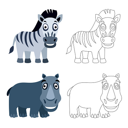 Cartoon Zebra and Rhinoceros. Coloring Book.