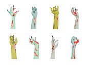 Cartoon Zombie Hand Icons Set Aggression, Scary and Creepy Concept Flat Design Style Different Types. Vector illustration