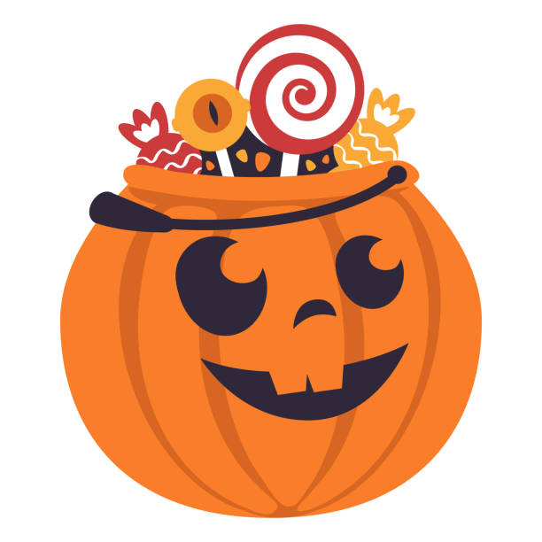 Carved pumpking full of candy. Editable vector illustration Pumpkin shaped trick or treat bag with a smiling face full of candy. Flat vector illustration. trick or treat stock illustrations
