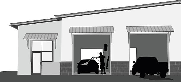 CarWashStations A vector silhouette illustration of a car wash with a man cleaning his car and a truck pulling into the station. garage silhouettes stock illustrations