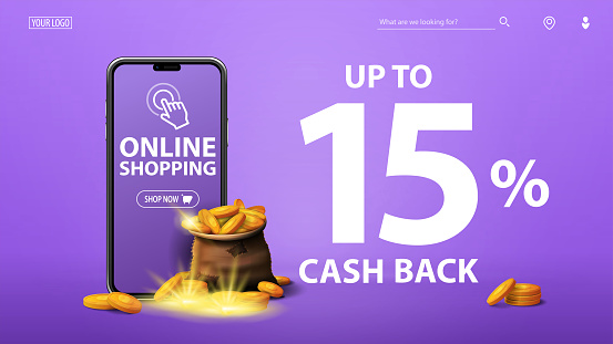 Cash back banner for website with a bag of gold coins with smartphone and large offer on purple background