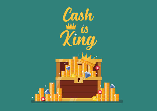 Cash is king typography with open chest full of treasure Cash is king typography with open chest full of treasure. Vector illustration jewelry treasure chest gold crate stock illustrations