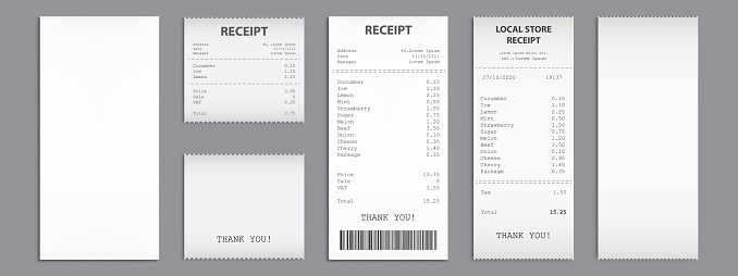 Cash receipt on clipboard, paper bill, invoice set