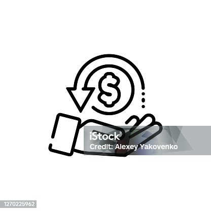 istock Cashback, return money, cash back rebate line icon. Salary exchange, hand holding dollar. Financial investment symbol. Vector on isolated white background. EPS 10 1270225962