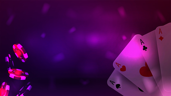 Casino advertising neon banner design with playing cards and casino chips on purple background.