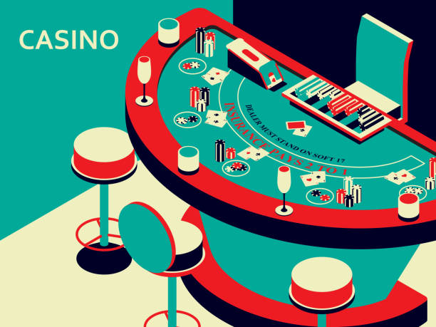 casino black jack tisch im isometrischen flachen stil. chips und kartendeck - spielkarten tabu vektor stock-grafiken, -clipart, -cartoons und -symbole