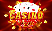 Casino free spin 777 label frame, golden banner, border winner, Vegas game. Vector illustration