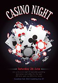 Poster for a casino night with playing cards and poker chips. Global colours
