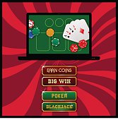 Web Casino Poker interface elements on flat design laptop and spiral background. 10EPS.