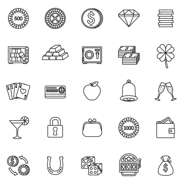 ilustraciones, imágenes clip art, dibujos animados e iconos de stock de conjunto de iconos de casino línea fina - pile of credit cards