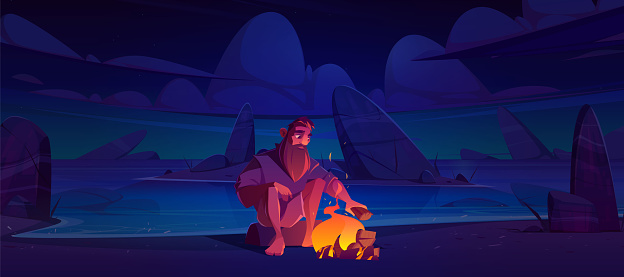 Castaway man on uninhabited island with bonfire