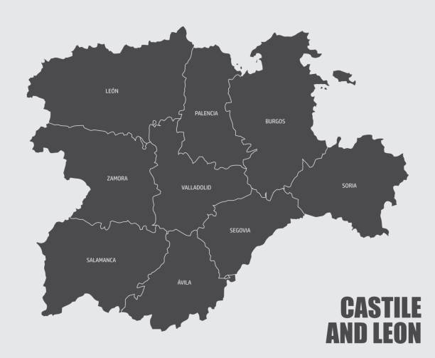 Castile and Leon provinces map The Castile and Leon region map divided in provinces with labels, Spain castilla y león stock illustrations