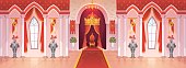 Castle ballroom. Interior medieval royal palace throne royal ceremony room hall kingdom rich fantasy knight game cartoon, vector background