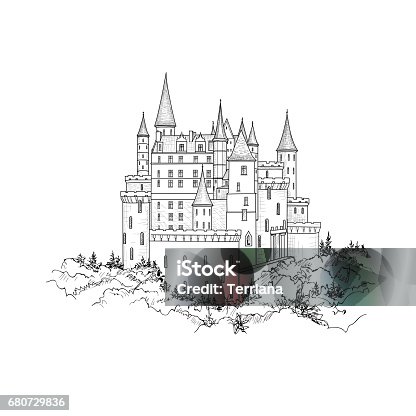 istock Castle landmark view. Medieval palace building with tower 680729836