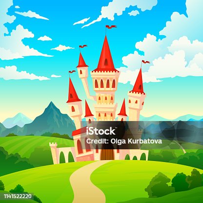 istock Castle landscape. Palace fairytale kingdom magical towers medieval mansion castles hill forest green mountain cartoon vector creative 1141522220