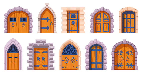 Castle medieval doors. Cartoon ancient fortress wooden gates, medieval kingdom castles gate vector illustration set. Medieval tower arch doors