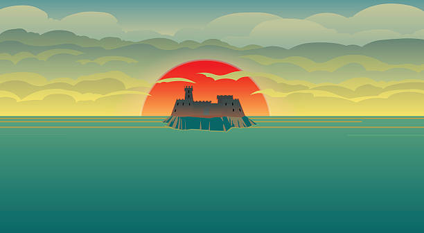 Castle on the island in last rays of setting sun. Vector illustration of the single castle on the island in the okean with the big red setting sun and dark clouds in the sky. Empty space leaves room for design elements or text. alcaraz stock illustrations