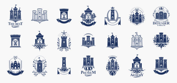 Castles logos big vector set, vintage heraldic fortresses emblems collection, classic style heraldry design elements, ancient forts and citadels. Castles logos big vector set, vintage heraldic fortresses emblems collection, classic style heraldry design elements, ancient forts and citadels. fort stock illustrations
