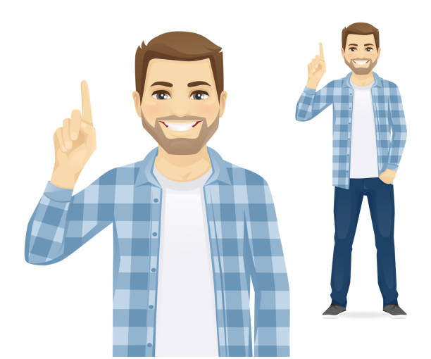 ilustrações de stock, clip art, desenhos animados e ícones de casual man pointing up - man pointing