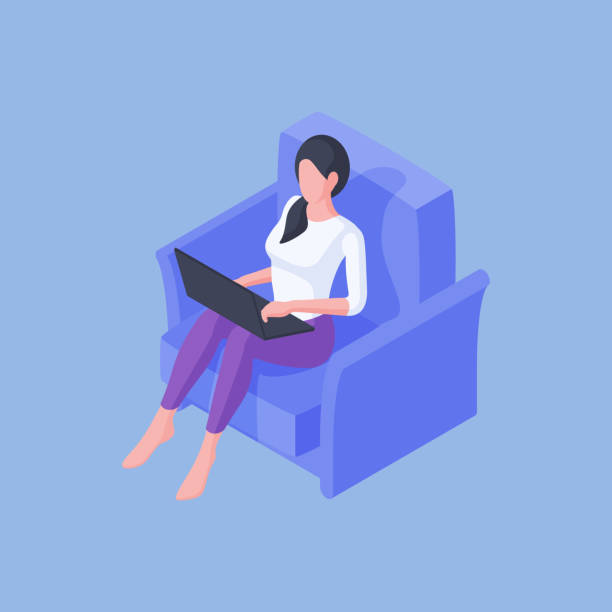 Casual woman sitting with laptop in armchair Vector illustration of relaxed female chilling in cozy blue armchair at home and browsing laptop while working remotely on blue background small business saturday stock illustrations