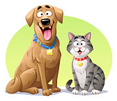 Vector illustration of a cheerful dog (Labrador retriever) and a cute gray, striped cat, sitting next to each other, looking at the camera. Concept for pets, domestic animals, animal friendship, dogs and cats living together peacefully, veterinarians and pet shops.