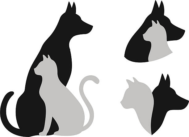 cat and dog, vector cat and dog in friendship, vector illustration dog silhouettes stock illustrations