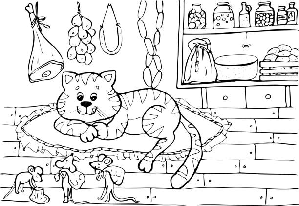 cat and mice coloring book, page for coloring with a cat and mice, cat guards supplies in the pantry, mice steal supplies, cute cat, fairy tale, hand-drawn illustration cute cat coloring pages stock illustrations