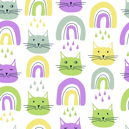 Cat and rainbow seamless pattern on a white background. Cute colored vector background. Funny flat illustration. For the design of fabric or wrapping paper.