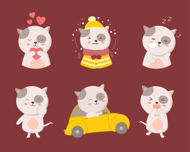Cat Animal characters of various professions and emotions such as cat, love, chill, shiver, sleep, thumb up, ride, car, surprise vector art illustration