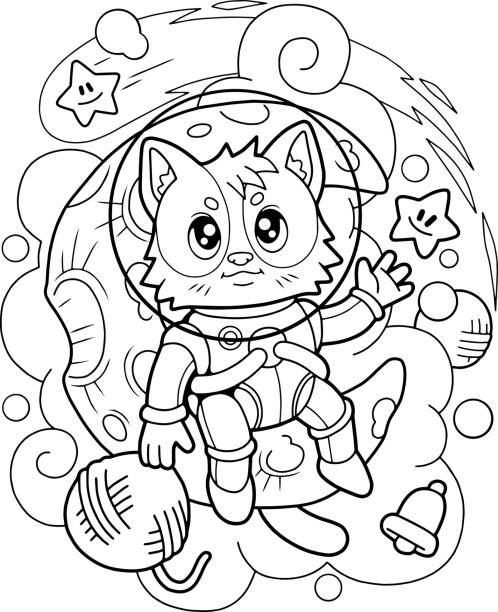 cat astronaut sitting on the moon, coloring book, funny illustration cute cat astronaut sitting on the moon, coloring book, funny illustration cute cat coloring pages stock illustrations