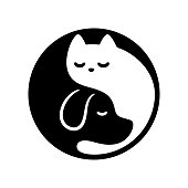 Cat and dog yin yang symbol. Cute and simple black and white cartoon pets in circle. Minimal vector illustration.