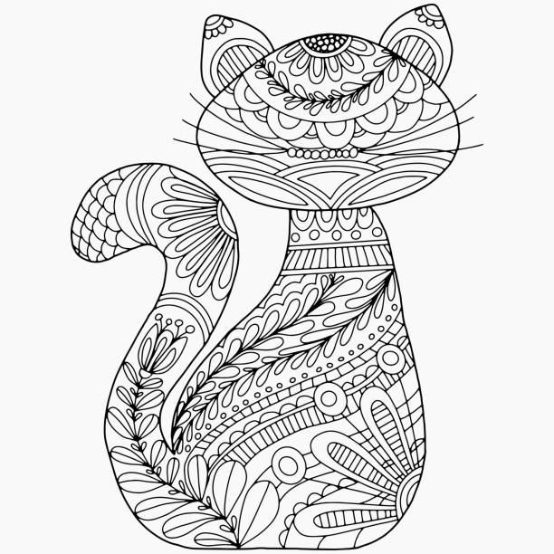 cat drawn with abstract floral ornaments drawn on a white background for coloring, isolated vector cat drawn with abstract floral ornaments drawn on a white background for coloring, isolated vector, drawn vector cute cat coloring pages stock illustrations