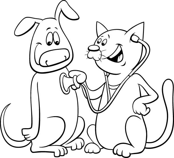 cat examining dog with a stethoscope color book page Black and White Cartoon Illustration of Cat Examining the Dog with a Stethoscope Coloring Book Page cute cat coloring pages stock illustrations