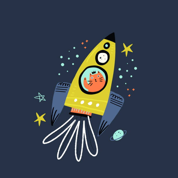 Cat flying in rocket flat vector illustration Cat flying in rocket flat vector illustration. Cute kitty princess waving hand cartoon character. Scandinavian style pet travelling in space. Sketchy stars, planets. Children textile, t-shirt print rocketship designs stock illustrations