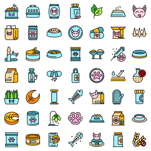 Cat food icons set vector flat Cat food icons set. Outline set of cat food vector icons thin line color flat on white glucosamine stock illustrations