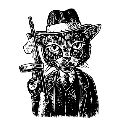 Cat gentleman holding weapon and dressed in hat, suit, waistcoat. Engraving