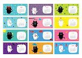 Cat horizontal monthly calendar 2017. Flat design. Vector illustration
