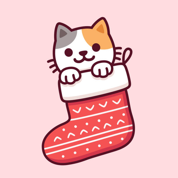 stockillustraties, clipart, cartoons en iconen met kat in kerst sok - christmas cat