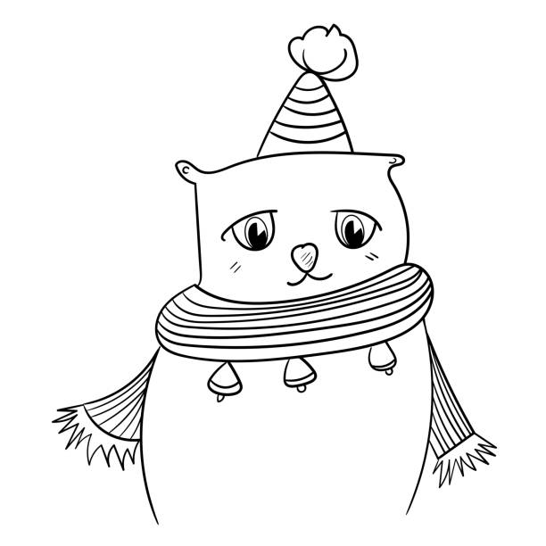 Cat in festive style. Illustration for any design. Cat in scarf and hat. Hand drawn vector illustration. cute cat coloring pages stock illustrations