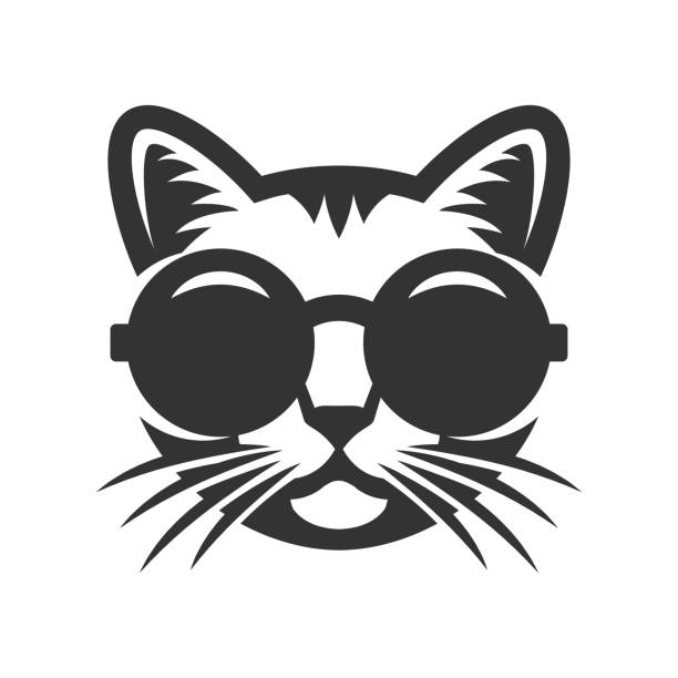 ilustraciones, imágenes clip art, dibujos animados e iconos de stock de gato en icono de las gafas de sol redondas. - cat