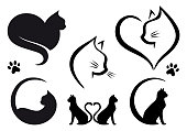Cat logo designs with heart, set of vector graphic design elements