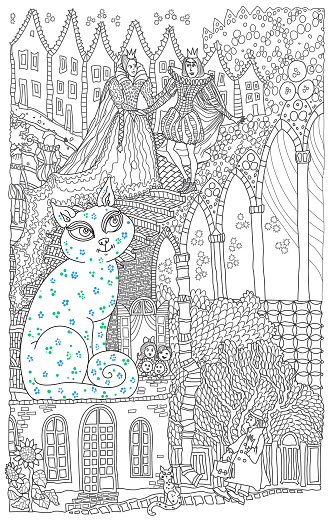 A cat may look at a king. Illustration for the fairy tale of Mary Poppins. Coloring book page for children and adults contour doodle sketch