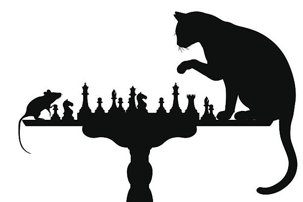 Cat playing with mouse Editable vector silhouettes of a cat and mouse playing chess with all elements as separate objects chess silhouettes stock illustrations