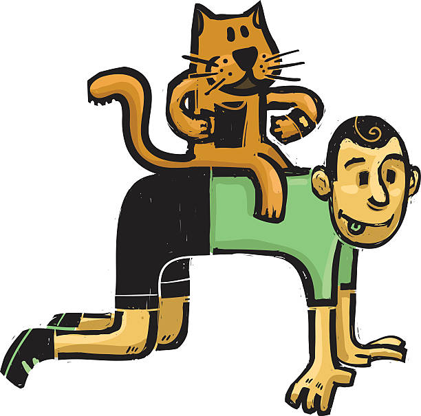 stockillustraties, clipart, cartoons en iconen met cat riding boy - piggyback funny