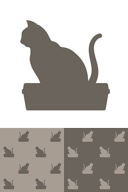 Cat sitting on a litter box silhouette icon Cat sitting on a litter box silhouette icon as a single design element and in two different colour variations of a seamless background pattern, vector illustration kitten litter stock illustrations