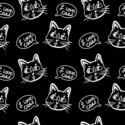 黒と白の色でシームレスな猫ベクトル漫画のキティの銃口との壁紙の背景 いたずら書きのベクターアート素材や画像を多数ご用意 Istock