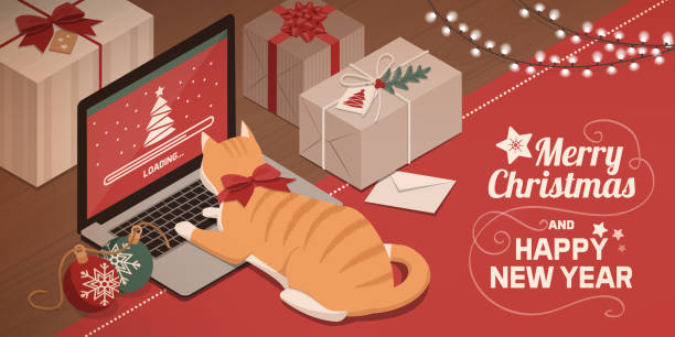 stockillustraties, clipart, cartoons en iconen met kat kijken kerstmis app laden op de laptop - christmas cat