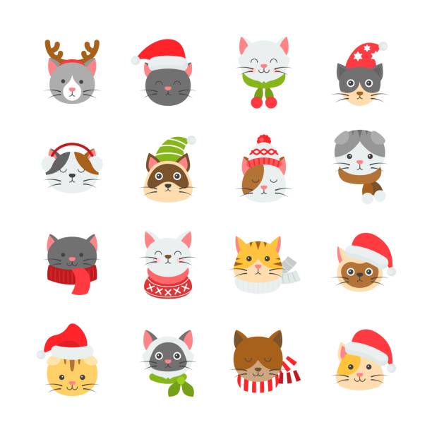 stockillustraties, clipart, cartoons en iconen met kat winter en kerst kostuum pictogram illustratie in plat ontwerp. - christmas cat