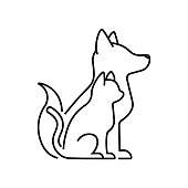 istock Cat with dog icon. Vector pets silhouettes in thin line style. Creative linear sign or logo for veterinary clinic 1069980742