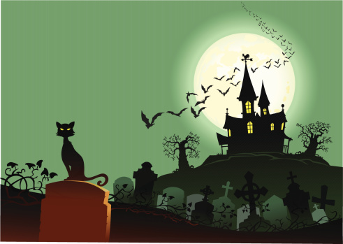 Cat With Haunted House and Graveyard